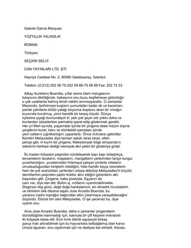 Gabriel García Márquez: Yüzyillik yalnizlik (Turkish language, 1996, Can Yayinlari)